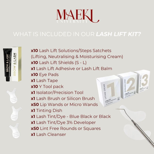 Lash lift kit with components listed and MAEKI branding.
