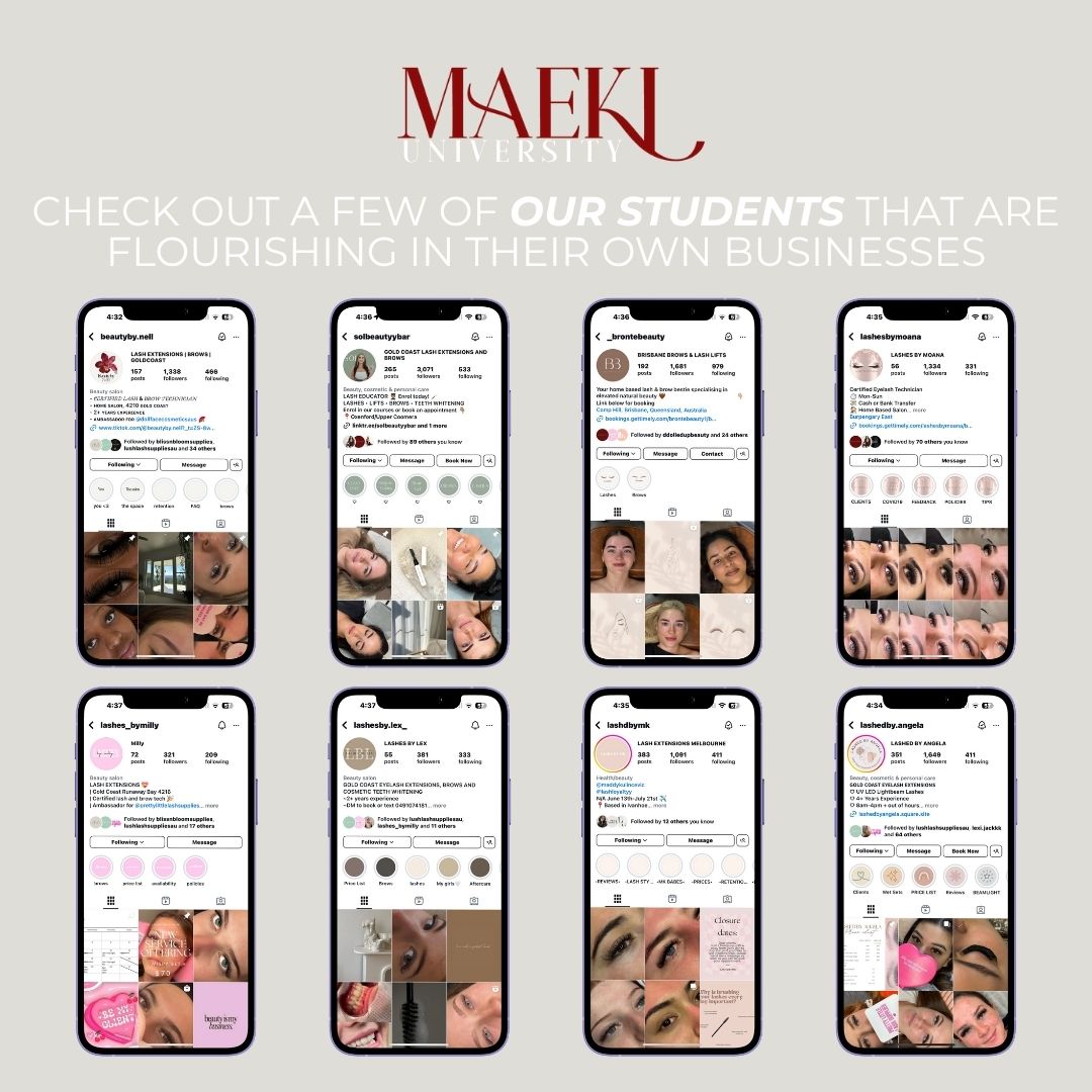 Grid of smartphone screens displaying social media profiles with text about MAEKI University students' businesses.