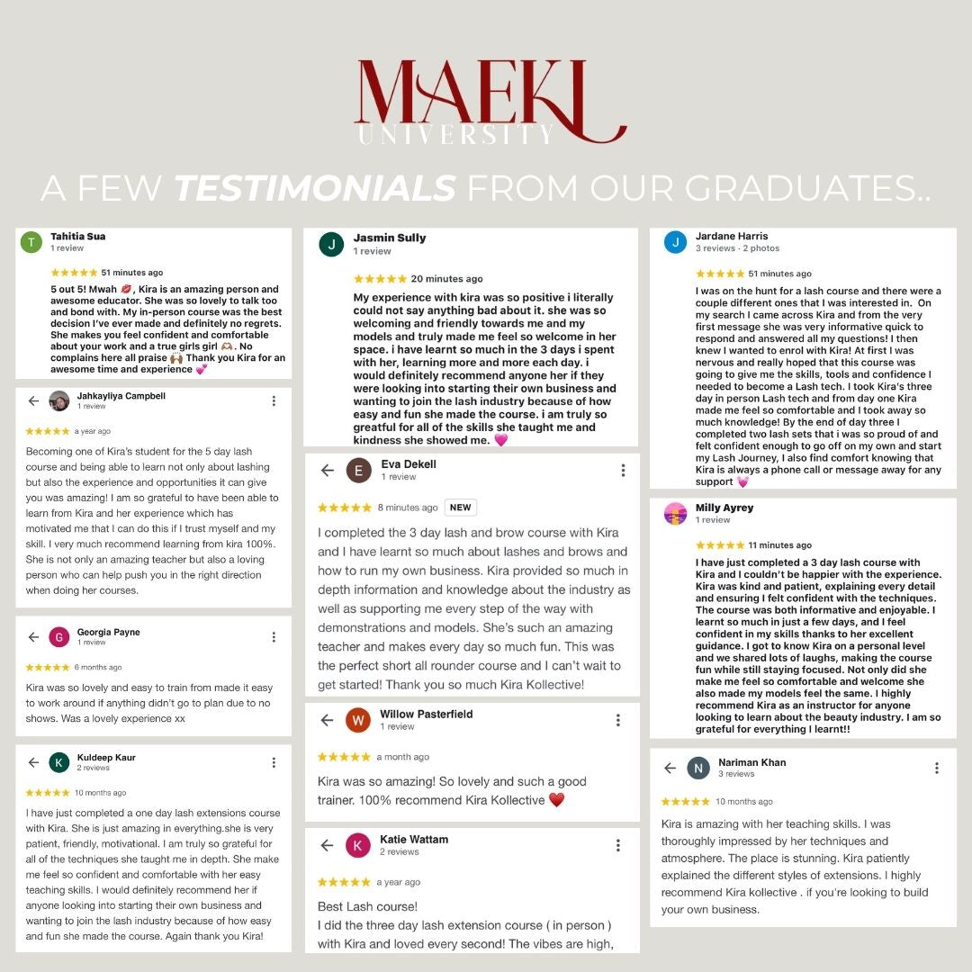 Testimonials from MAEKI University graduates displayed on a white background.