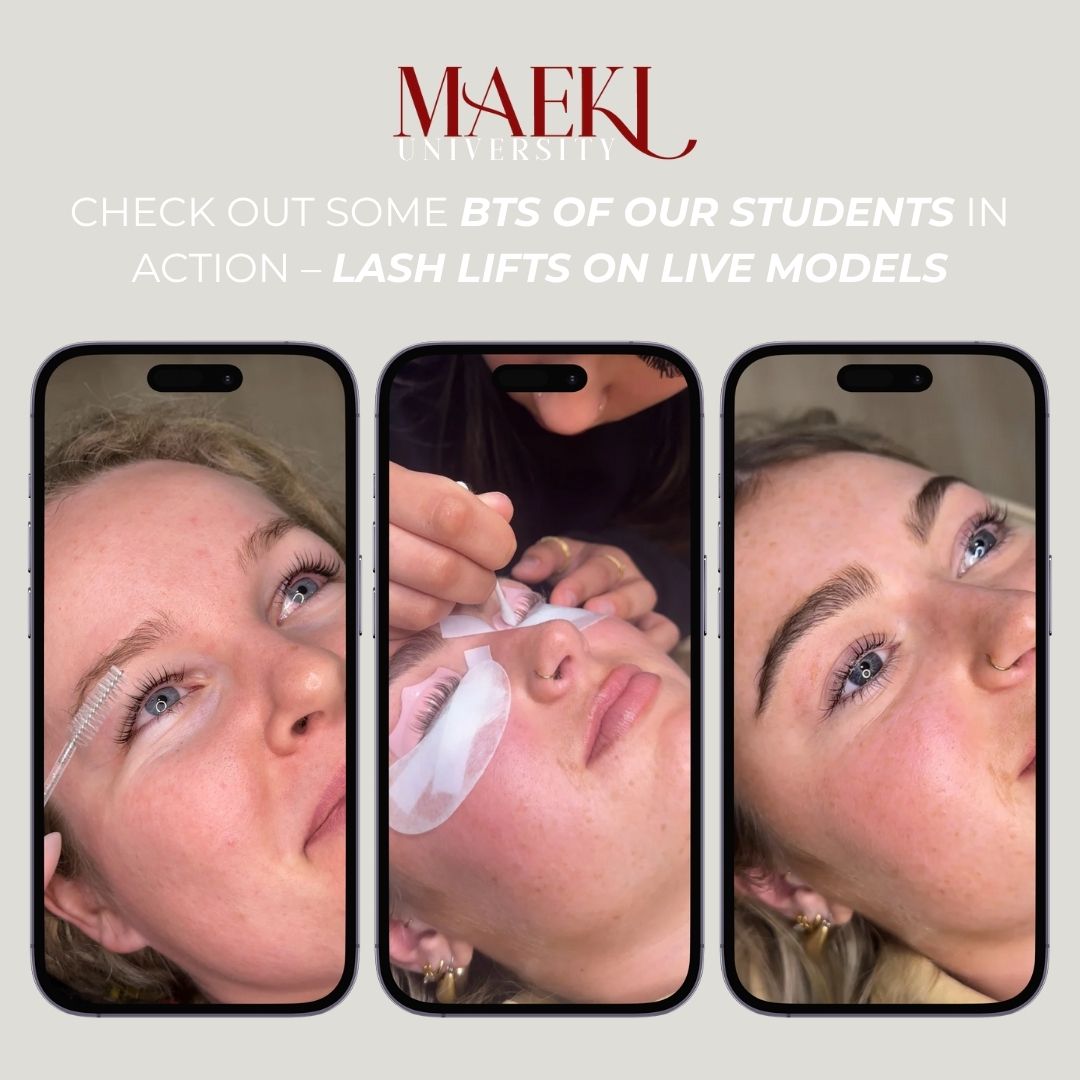 Promotional image for MAEKI University showing a student performing lash lifts on a model.