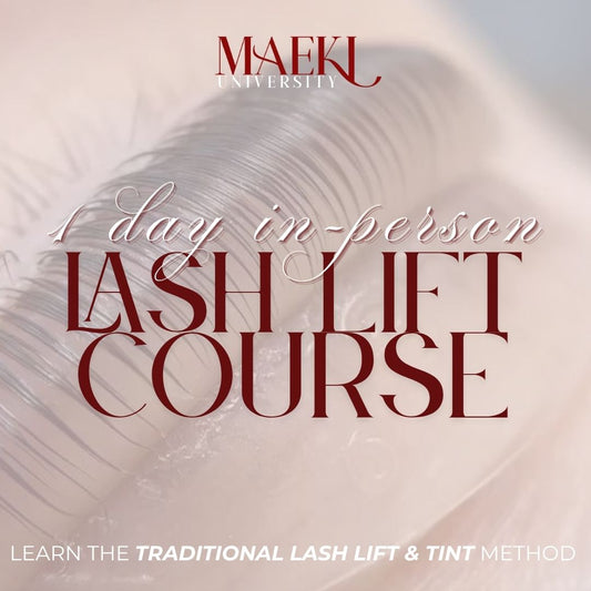 Advertisement for a lash lift course at MAEKL University with text overlay.