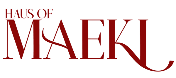 Stylized red text 'HAUS OF MAEKI' on white background