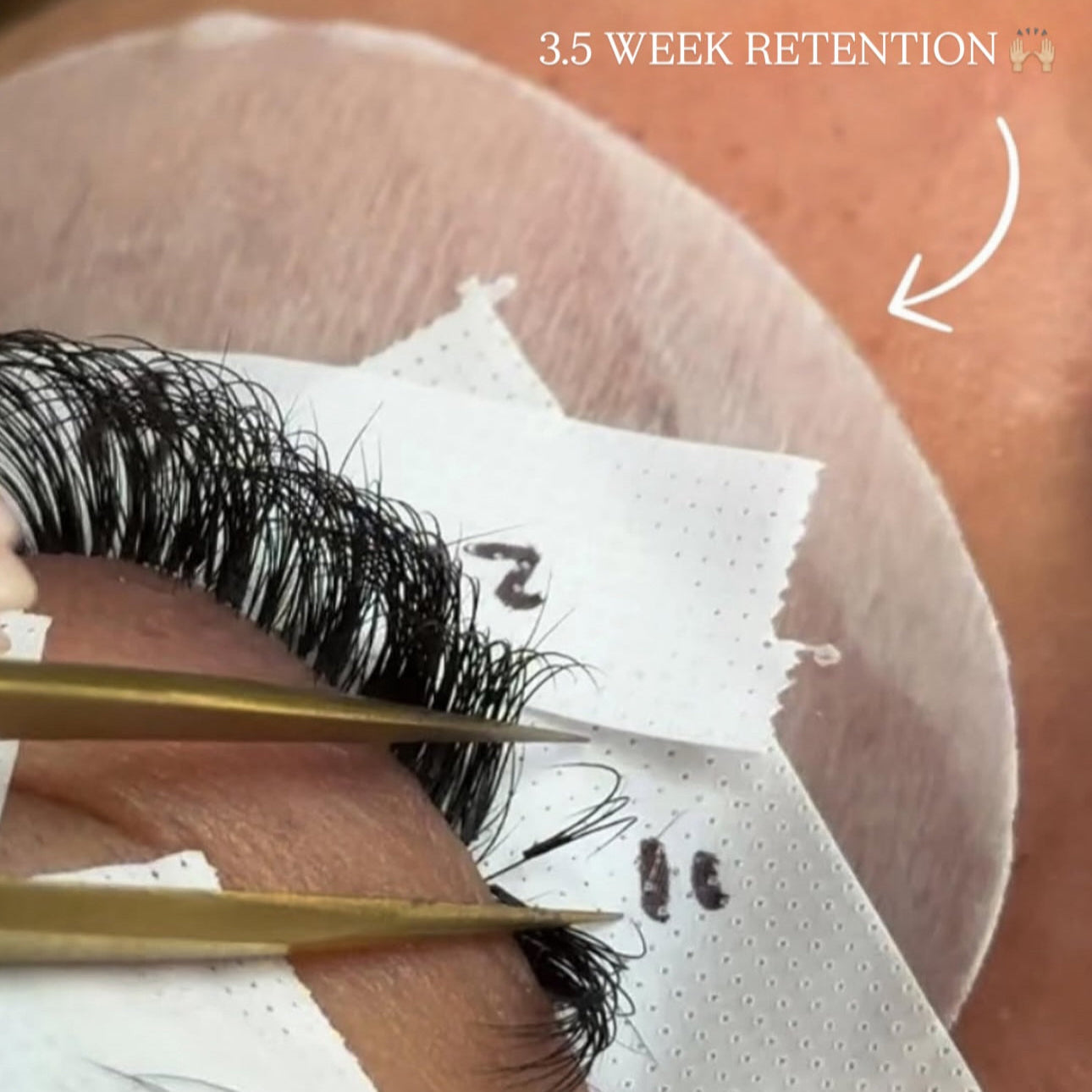 Eyelash extension application with a tool and text indicating 3.5 week retention.