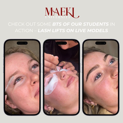 Promotional image for MAEKI University showing a student performing lash lifts on a model.