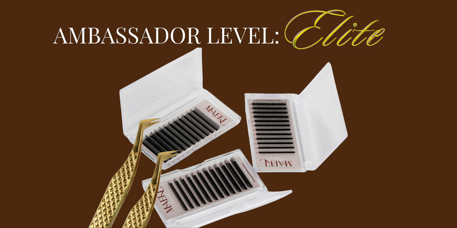 Eyelash extensions in open boxes with 'Ambassador Level: Elite' text on a brown background