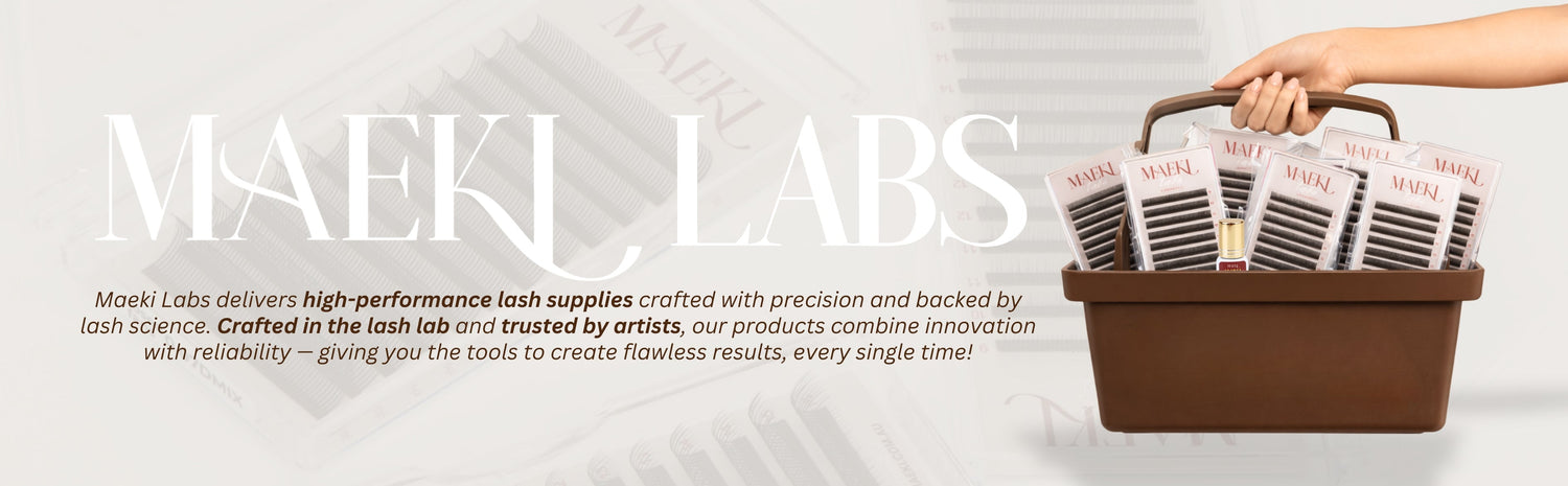 Hand holding a basket of lash supplies with 'MAEKI LABS' branding on a white background